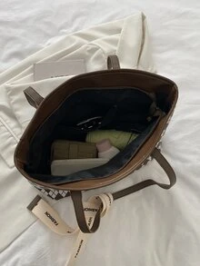 Argyle Pattern Skinny Scarf Decor Shoulder Tote Bag - Multicolor - View 5