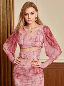 Valeria Lujan Tie Dye Cut Out Bow Front Puff Sleeve Top - Dusty Pink - View 1