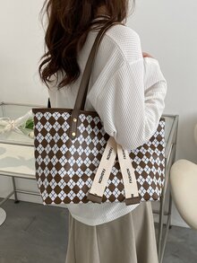 Argyle Pattern Skinny Scarf Decor Shoulder Tote Bag - Multicolor - View 7