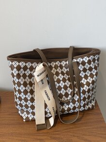 Argyle Pattern Skinny Scarf Decor Shoulder Tote Bag - Multicolor - View 8