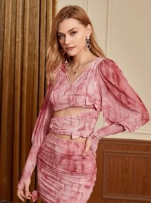 Valeria Lujan Tie Dye Cut Out Bow Front Puff Sleeve Top - Dusty Pink - View 6