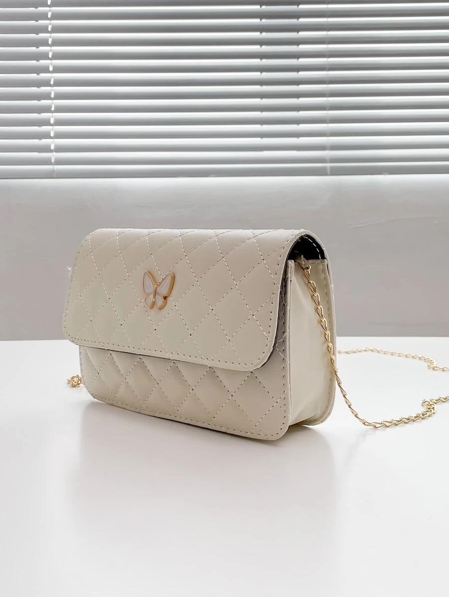 Mini Butterfly Decor Textured Flap Hobo Bag - Beige - View 1