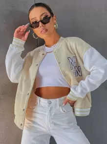 SHEIN Unity Letter Embroidery Drop Shoulder Two Tone Thermal Lined Varsity Jacket - Multicolor - View 1