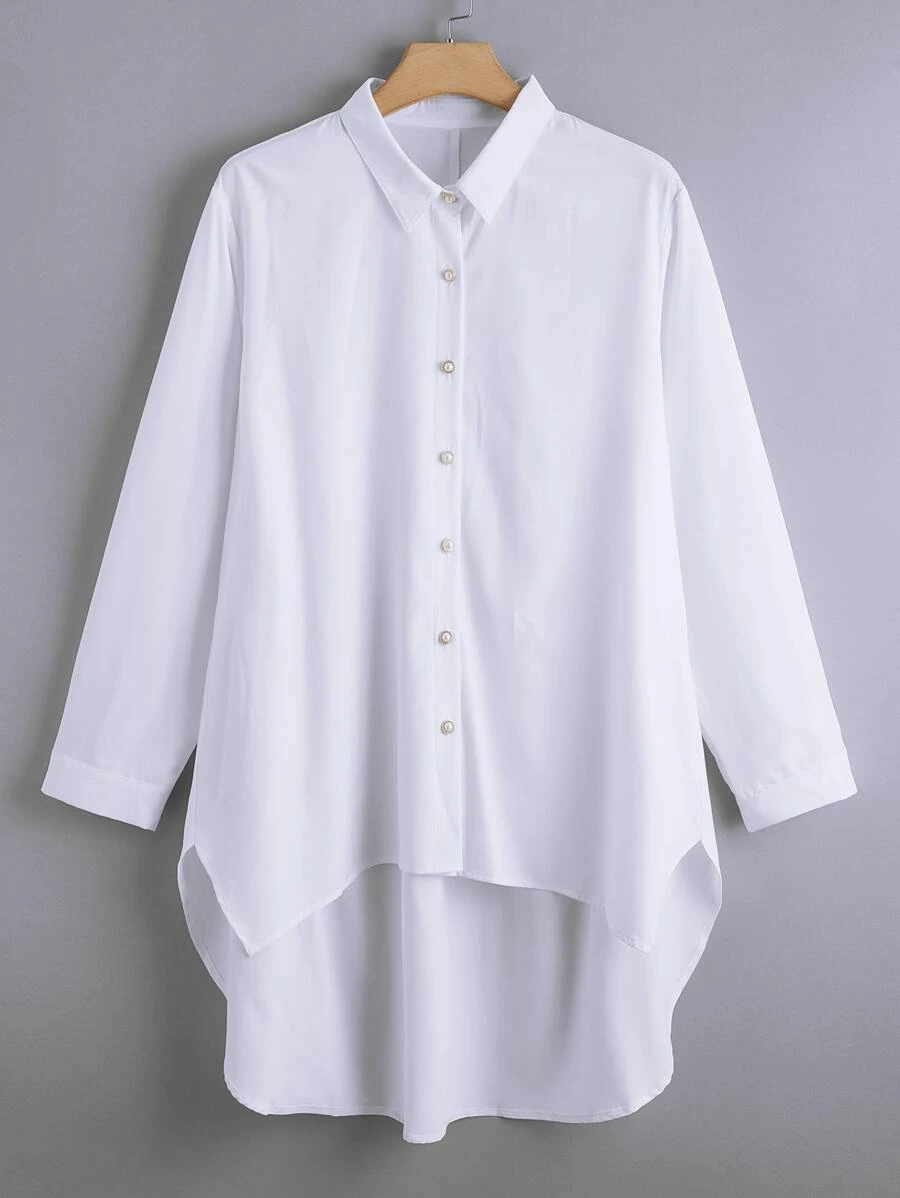 SHEIN LUNE Áo sơ mi Plus Size Ngọc trai màu trơn Giải trí - trắng - Xem 1