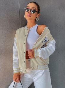 SHEIN Unity Letter Embroidery Drop Shoulder Two Tone Thermal Lined Varsity Jacket - Multicolor - View 3