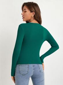 SHEIN BASICS Áo thun tay dài dệt kim đơn giản cho mùa xuân và mùa thu - Màu xanh lá cây đậm - Xem 2