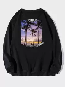 Manfinity Men Slogan & Scenery Print Drop Shoulder Pullover - Black - View 4