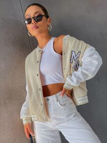 SHEIN Unity Letter Embroidery Drop Shoulder Two Tone Thermal Lined Varsity Jacket - Multicolor - View 5
