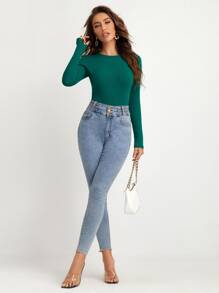 SHEIN BASICS Áo thun tay dài dệt kim đơn giản cho mùa xuân và mùa thu - Màu xanh lá cây đậm - Xem 3