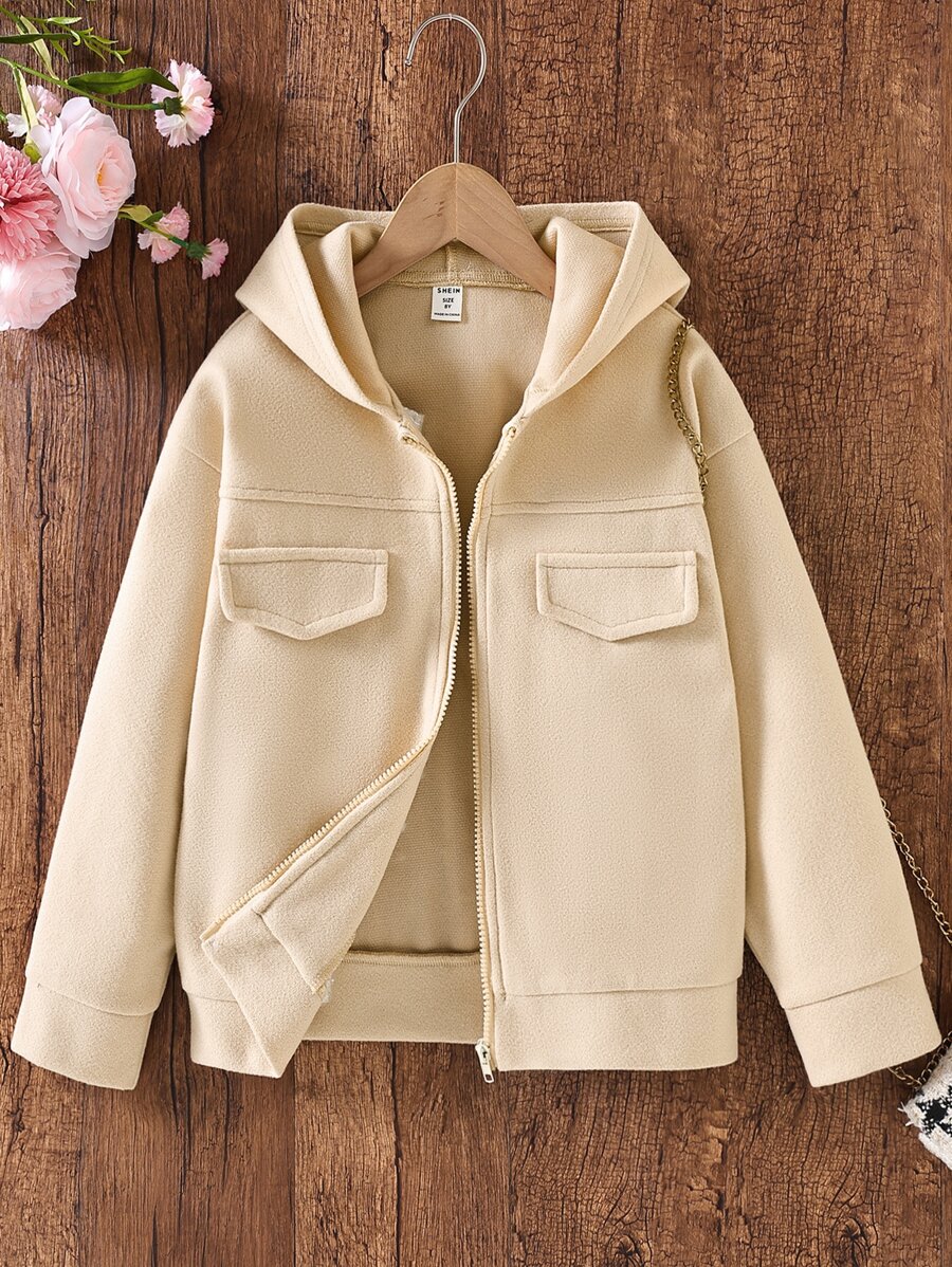 女孩落肩袖翻蓋細節連帽夾克 - 杏色 - 查看 1