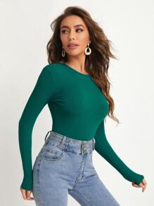 SHEIN BASICS Áo thun tay dài dệt kim đơn giản cho mùa xuân và mùa thu - Màu xanh lá cây đậm - Xem 4