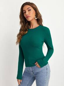 SHEIN BASICS Áo thun tay dài dệt kim đơn giản cho mùa xuân và mùa thu - Màu xanh lá cây đậm - Xem 5