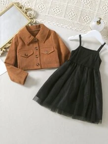 Toddler Girls Flap Detail Jacket & Contrast Mesh Cami Dress - Multicolor - View 1