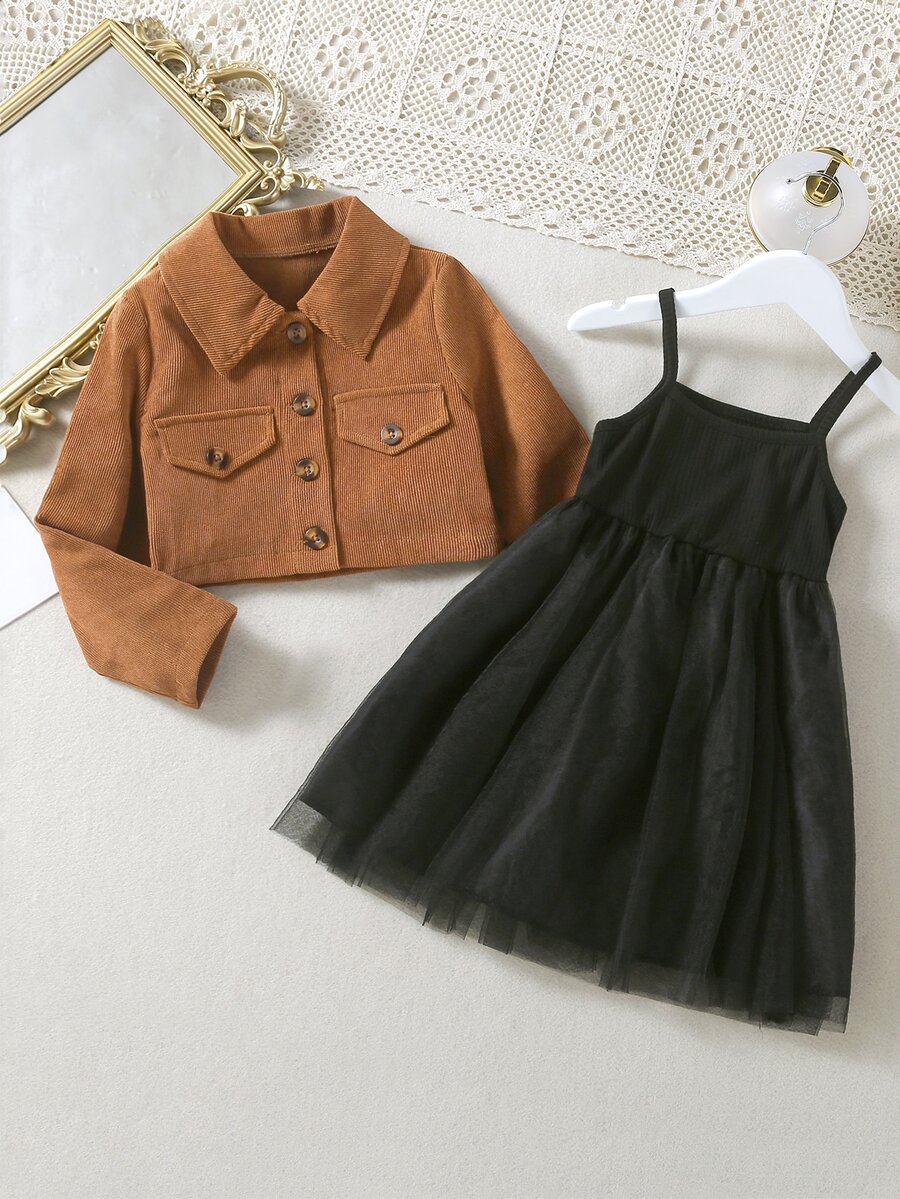 Toddler Girls Flap Detail Jacket & Contrast Mesh Cami Dress - Multicolor - View 1