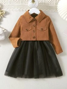 Toddler Girls Flap Detail Jacket & Contrast Mesh Cami Dress - Multicolor - View 4