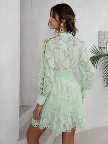 Simplee Jacquard Guipure Lace Panel Shirred Waist Hollow Out Ruffle Hem Dress - Mint Green - View 2