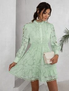 Simplee Jacquard Guipure Lace Panel Shirred Waist Hollow Out Ruffle Hem Dress - Mint Green - View 4