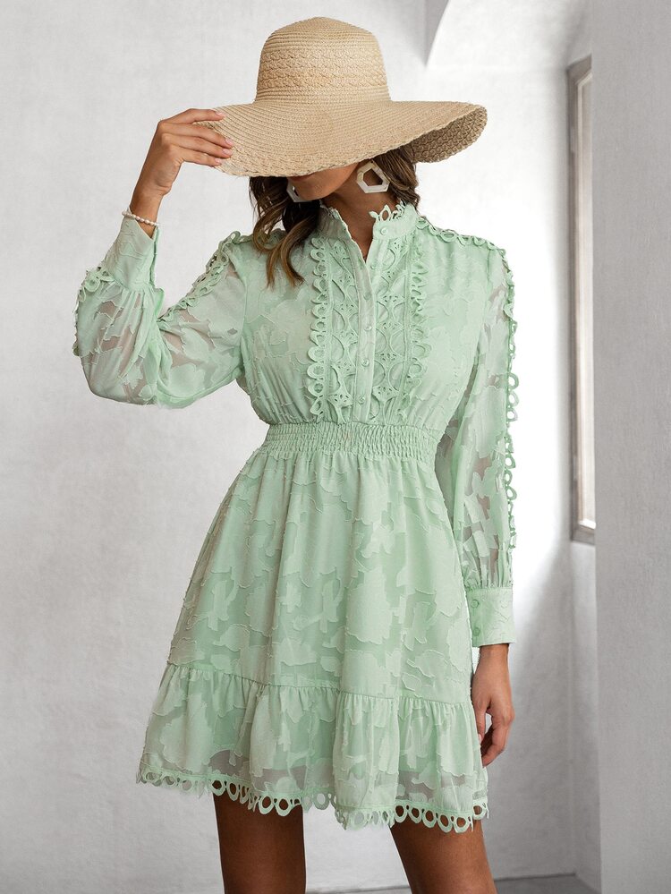 Simplee Jacquard Guipure Lace Panel Shirred Waist Hollow Out Ruffle Hem Dress - Mint Green - View 6