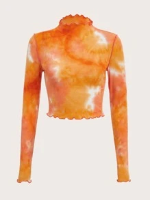 SHEIN EZwear Áo thun nữ Xù nhỏ Gân đan Cà vạt nhuộm Giải trí - trái cam - Xem 1