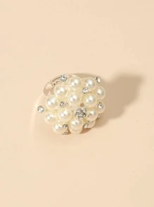 Rhinestone & Faux Pearl Flower Decor Ring Valentines - White - View 2