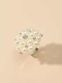 Rhinestone & Faux Pearl Flower Decor Ring Valentines - White - View 4