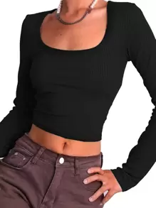 INAWLY Ribbed Knit Scoop Neck Crop Tee - Black - View 1