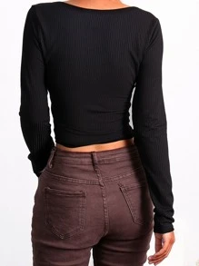 INAWLY Ribbed Knit Scoop Neck Crop Tee - Black - View 2