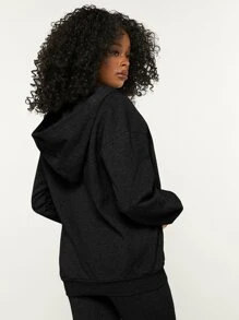 SHEIN BASICS Cozy Fleece Drop Shoulder Zip Up Hoodie - Black - View 2