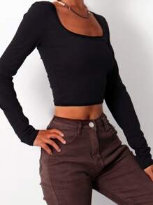 INAWLY Ribbed Knit Scoop Neck Crop Tee - Black - View 3