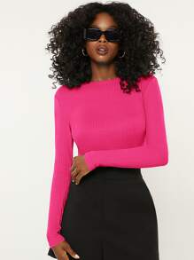 SHEIN BASICS Camiseta de manga larga de cuello redondo sólido, acanalada y ajustada a la forma - Rosa Fucsia - Ver 1