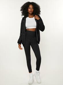 SHEIN BASICS Cozy Fleece Drop Shoulder Zip Up Hoodie - Black - View 3