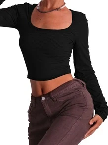 INAWLY Ribbed Knit Scoop Neck Crop Tee - Black - View 4