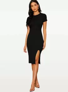 SHEIN BASICS Vestido Bodycon Con Dobladillo De Raja Tejido De Canalé - Negro - Ver 1