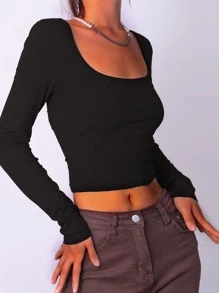 INAWLY Ribbed Knit Scoop Neck Crop Tee - Black - View 5