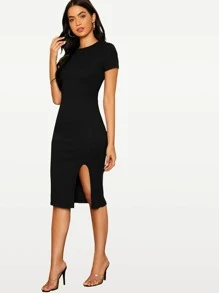 SHEIN BASICS Vestido Bodycon Con Dobladillo De Raja Tejido De Canalé - Negro - Ver 3
