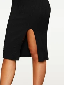 SHEIN BASICS Vestido Bodycon Con Dobladillo De Raja Tejido De Canalé - Negro - Ver 4