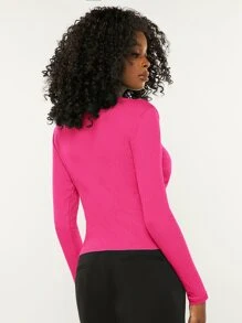 SHEIN BASICS Camiseta de manga larga de cuello redondo sólido, acanalada y ajustada a la forma - Rosa Fucsia - Ver 2