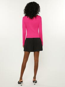 SHEIN BASICS Camiseta de manga larga de cuello redondo sólido, acanalada y ajustada a la forma - Rosa Fucsia - Ver 3