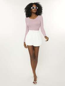 SHEIN BASICS Phù hợp Gân đan Áo - Bụi hồng - Xem 3