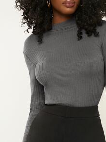 SHEIN BASICS 肋編實色長袖t恤 - 灰色 - 查看 5