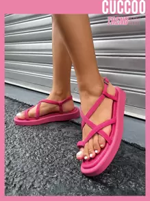 Women Buckle Decor Multi Cross Strap Toe Post Slingback Sandals, Funky Solid Outdoor Fabric Ankle Strap Thong Sandals - Hot Pink - View 1