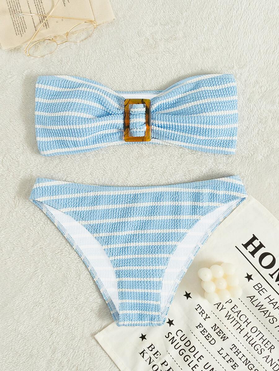 Striped Textured Bandeau Bikini - Blue and White - View 1