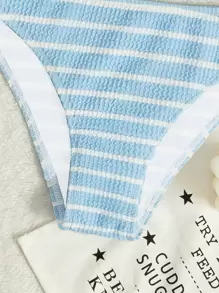 Striped Textured Bandeau Bikini - Blue and White - View 3