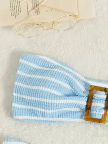 Striped Textured Bandeau Bikini - Blue and White - View 4