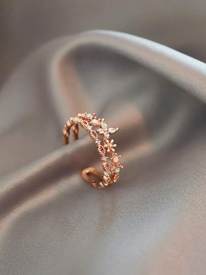 花朵与方晶锆石装饰袖口戒指 情人节、妈妈、母亲、母亲节、礼物