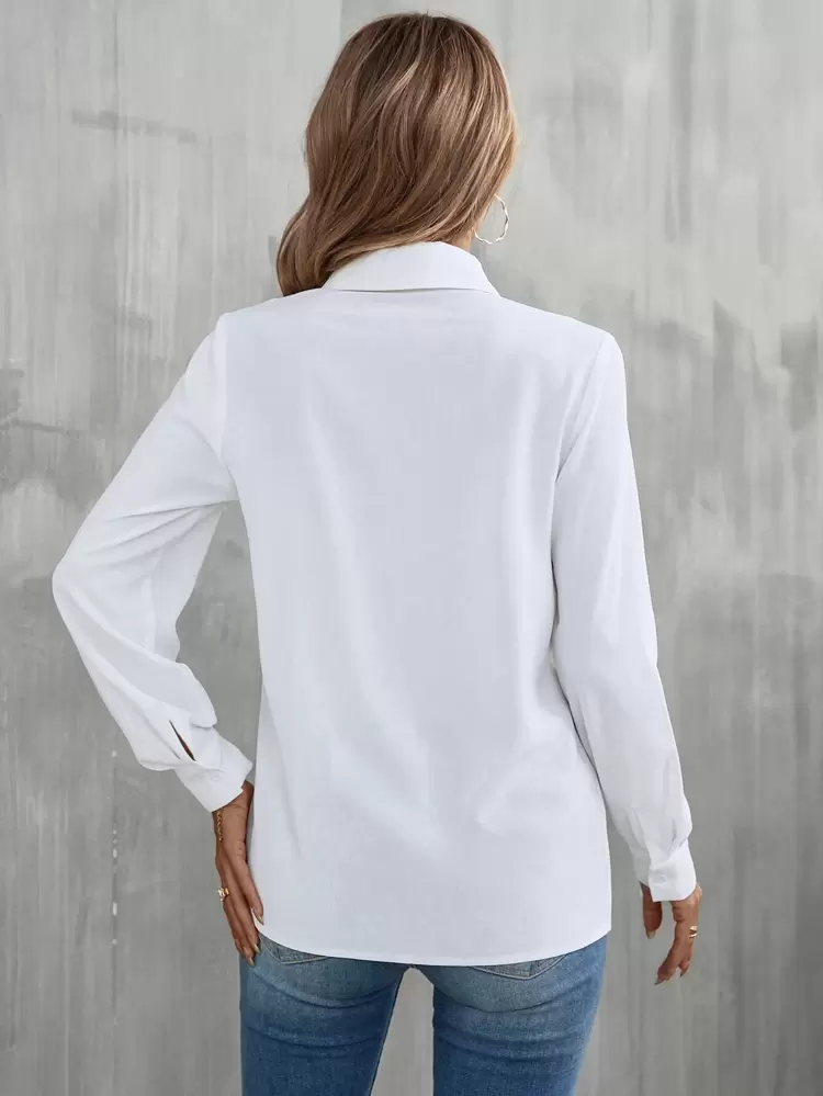 Ruffle Trim Button Up Shirt,Long Sleeve Tops Fall Cloth For Women