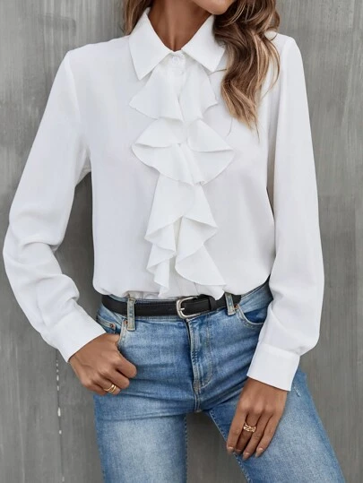 EMERY ROSE Ruffle Trim Button Up Shirt,Long Sleeve Tops Fall Cloth For Women