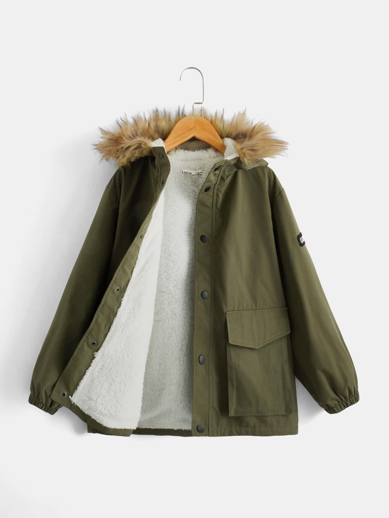 SHEIN 男孩翻蓋口袋毛茸茸連帽毛絨內襯外套