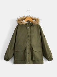 SHEIN 男孩翻蓋口袋毛茸茸連帽毛絨內襯外套