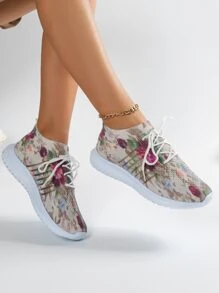 Women's Printed Decorative Casual Sports Shoes, Lightweight Breathable Slip-On Sneakers, Breathable Running Shoes, Plus Size - Multicolor - View 1